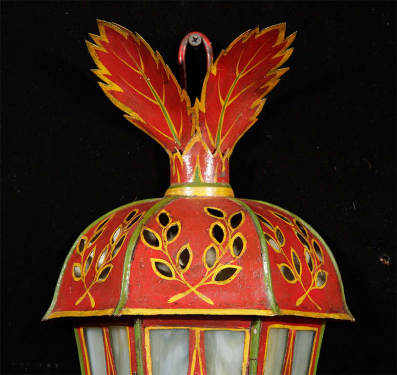 19th Century Polychromed tole wall lanterns with slag glass panels For Sale